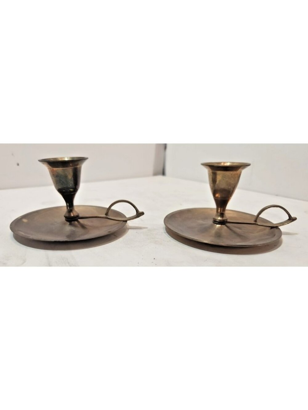 Vintage Set Of 2 Brass Finger Loop Chamber Candlestick Holders
